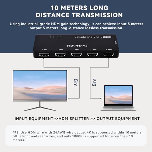 PAKLIMCN 4K 60Hz HDMI Splitter 1x4, 1 in 4 Out HDMI Duplicator/Switcher, 4Kx2K 30Hz 4:4:4 & 60Hz 4:2:0, HDR Compatible for Fire Stick, PS5, Xbox Series X, PC, Home Theater, Not A Switch(4K 1in4 Out) - Image 3