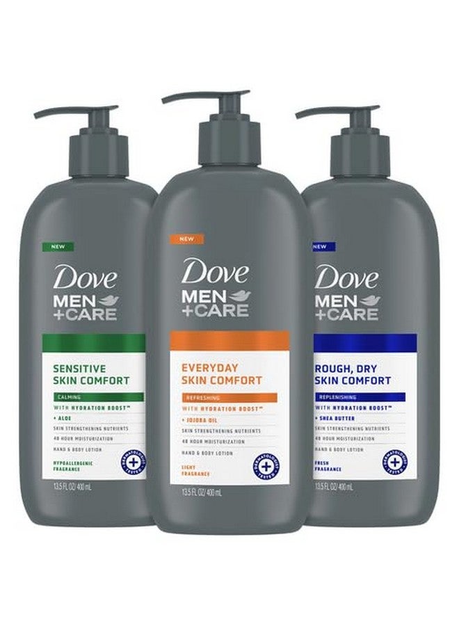 Dove Hand & Body Lotion, Men+Care Variety Pack - Rough Dry Skin Comfort with Shea Butter, Sensitive Skin Comfort with Aloe Vera, Everyday Skin Comfort with Jojoba Oil, 13.5 Oz Ea (3 Piece Set) - Image 1