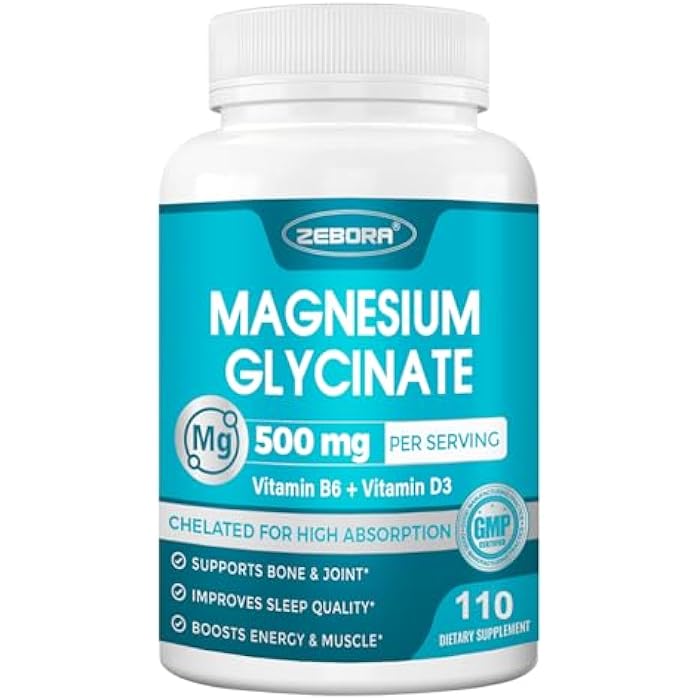 ZEBORA High Absorption Magnesium Supplement with Vitamins B6 & D3, Magnesium Glycinate 500mg for Muscle, Heart, Calm & Immune Health, Non-Buffered, 90 Capsules - Image 1