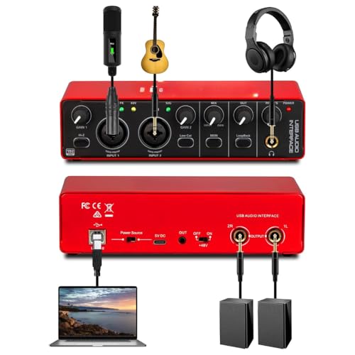 Arvox USB Audio Interface 2x2 Gen 3 | 2-In 2-Out | Premium Mic Pre-Amps | 48V Phantom Power | 24-bit/192kHz Recording | XLR/Mic/Line Inputs | Plug & Play | Metal Body | Red - Image 2