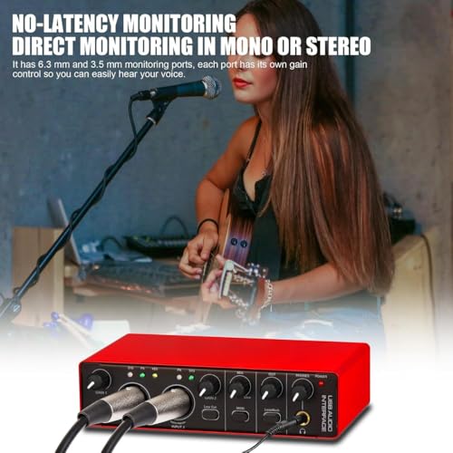 Arvox USB Audio Interface 2x2 Gen 3 | 2-In 2-Out | Premium Mic Pre-Amps | 48V Phantom Power | 24-bit/192kHz Recording | XLR/Mic/Line Inputs | Plug & Play | Metal Body | Red - Image 3