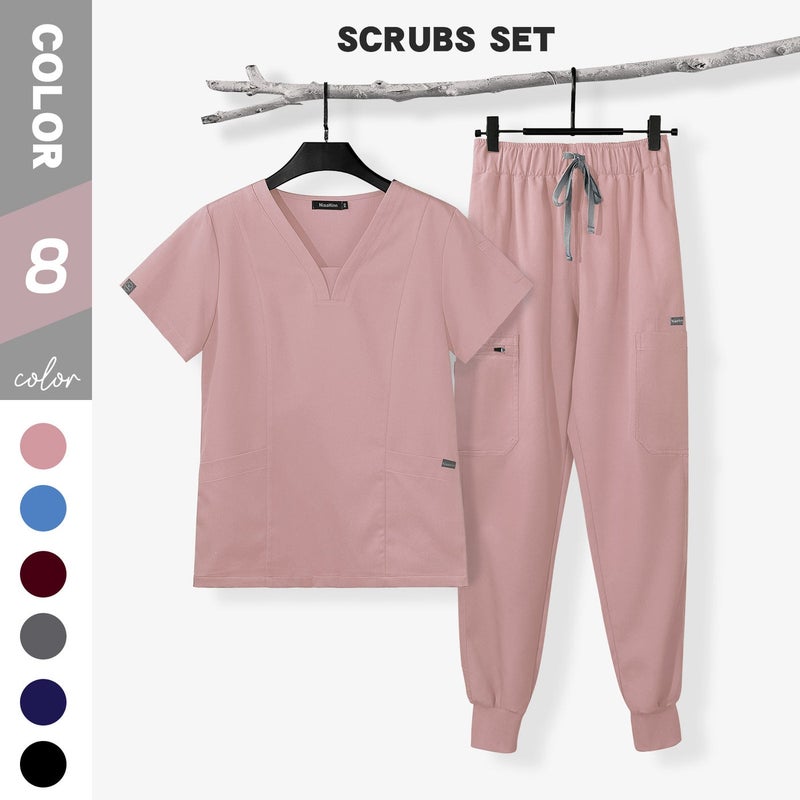 Slim Fit Medical Scrubs Set for Women with Short Sleeve Top and Pants Nursing Uniform - Navy Blue - Image 1