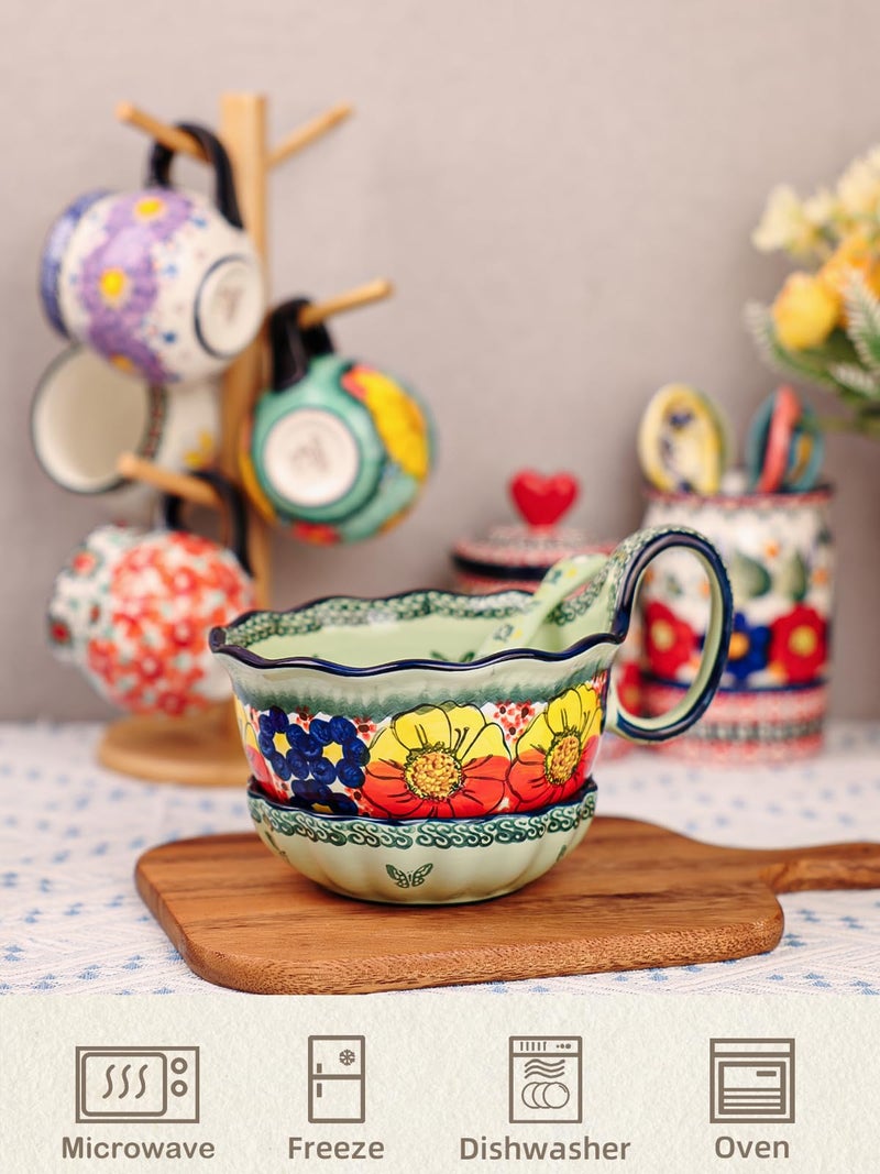 silesia Handmade Ceramic Soup Bowl, Plate and Spoon Set, 30 Oz Hand Painted Bowl Set with Loop Handle, Floral Design Cereal Bowls for Soup, Ice cream, Snack, Microwave & Dishwasher Safe (Glazed Green) - Image 3