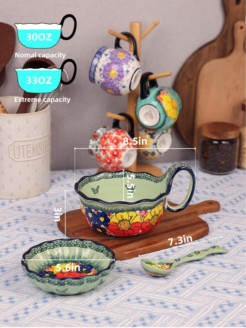 silesia Handmade Ceramic Soup Bowl, Plate and Spoon Set, 30 Oz Hand Painted Bowl Set with Loop Handle, Floral Design Cereal Bowls for Soup, Ice cream, Snack, Microwave & Dishwasher Safe (Glazed Green) - Image 2