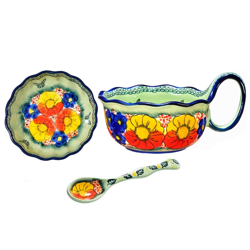 silesia Handmade Ceramic Soup Bowl, Plate and Spoon Set, 30 Oz Hand Painted Bowl Set with Loop Handle, Floral Design Cereal Bowls for Soup, Ice cream, Snack, Microwave & Dishwasher Safe (Glazed Green) - Image 1