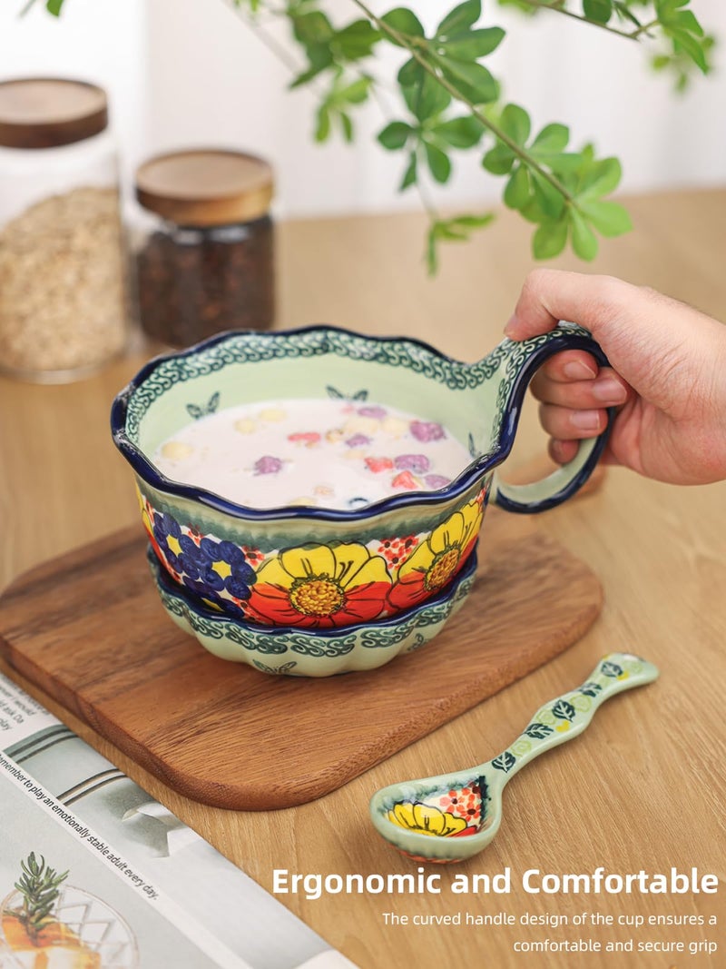 silesia Handmade Ceramic Soup Bowl, Plate and Spoon Set, 30 Oz Hand Painted Bowl Set with Loop Handle, Floral Design Cereal Bowls for Soup, Ice cream, Snack, Microwave & Dishwasher Safe (Glazed Green) - Image 5