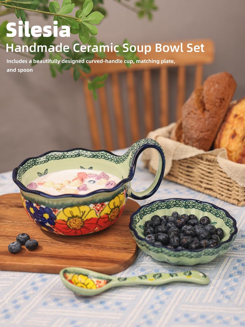 silesia Handmade Ceramic Soup Bowl, Plate and Spoon Set, 30 Oz Hand Painted Bowl Set with Loop Handle, Floral Design Cereal Bowls for Soup, Ice cream, Snack, Microwave & Dishwasher Safe (Glazed Green) - Image 4