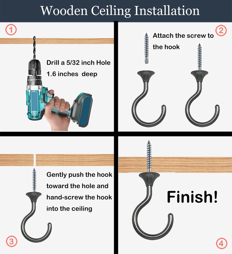 Evsteluo 2 Sets Heavy Duty Swag Ceiling Hooks with Hardware for Hanging Plants, Cavity Wall Fixing, Easy Installation, Holds Up to 30lbs, Ideal for Home & Garden (2 Sets, Black Nickel) - Image 5