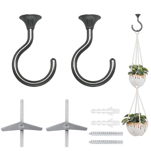 Evsteluo 2 Sets Heavy Duty Swag Ceiling Hooks with Hardware for Hanging Plants, Cavity Wall Fixing, Easy Installation, Holds Up to 30lbs, Ideal for Home & Garden (2 Sets, Black Nickel) - Image 1