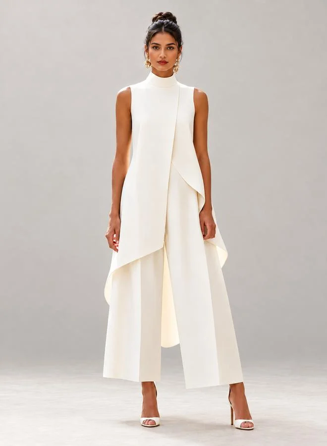 White Wide-Leg Trousers and Mock Neck Top Co-ord Set