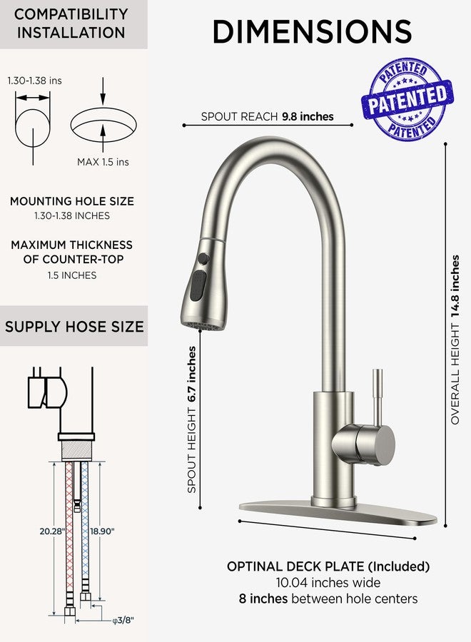 FORIOUS Kitchen Faucets with Pull Down Sprayer, Brushed Nickel High Arc Single Handle Stainless Steel Sink Faucet with Deck Plate for 1 or 3 Hole, Suitable for Farmhouse RV Bar Camper Laundry - Image 2