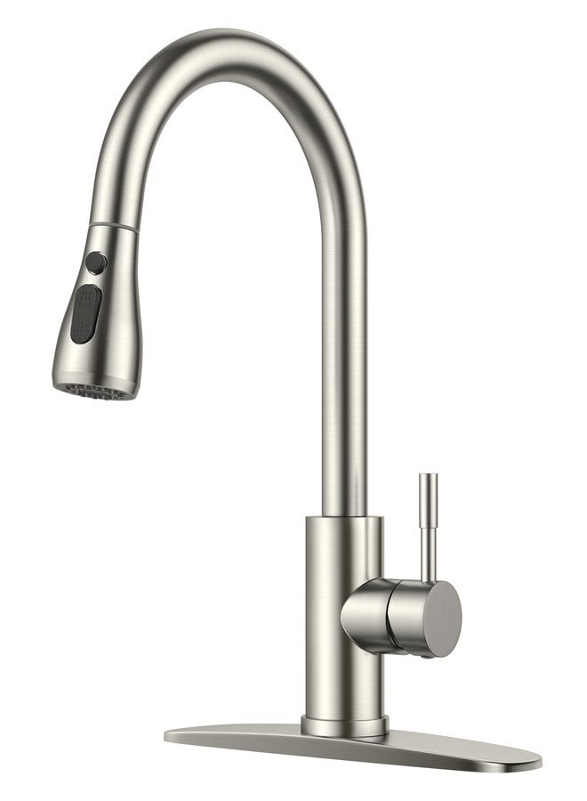 FORIOUS Kitchen Faucets with Pull Down Sprayer, Brushed Nickel High Arc Single Handle Stainless Steel Sink Faucet with Deck Plate for 1 or 3 Hole, Suitable for Farmhouse RV Bar Camper Laundry - Image 1