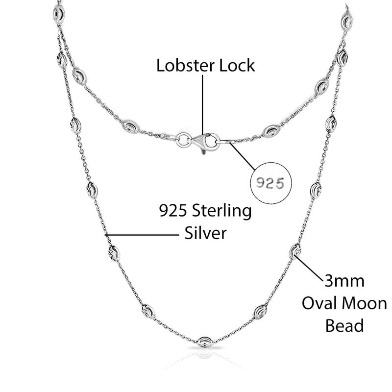 Savlano 18K Gold Plated Over 925 Sterling Silver Station Oval Moon Bead Necklace Chain For Women. Silver, Gold, Rose Gold - Made in Italy Comes With a Gift Box (W,20) - Image 2