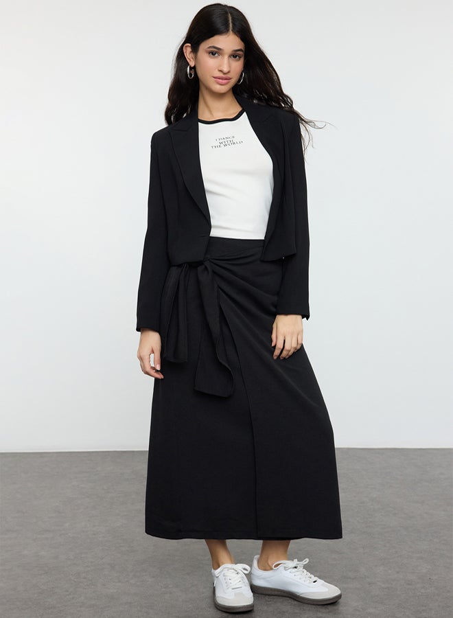 trendyol Black Double Breasted Tie Detailed Woven Linen Look Skirt - Image 2