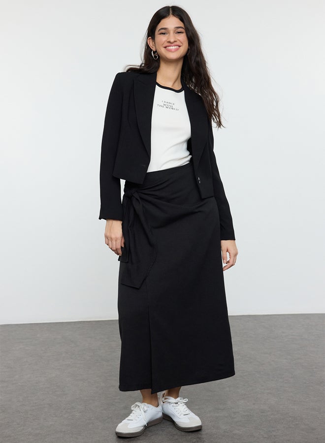 trendyol Black Double Breasted Tie Detailed Woven Linen Look Skirt - Image 1