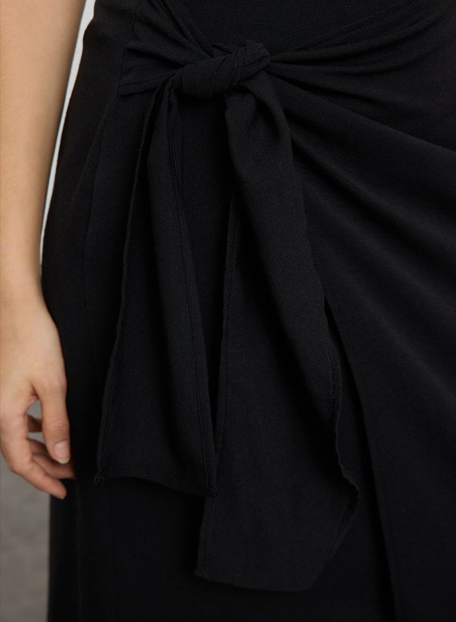 trendyol Black Double Breasted Tie Detailed Woven Linen Look Skirt - Image 4