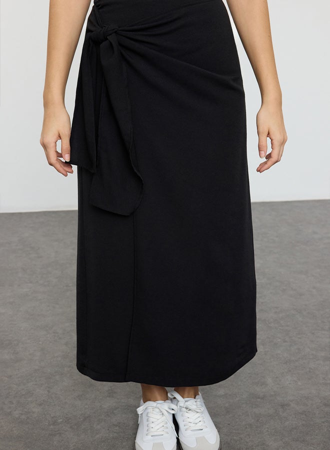 trendyol Black Double Breasted Tie Detailed Woven Linen Look Skirt - Image 3