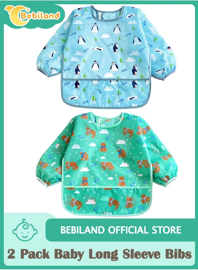 Bebiland 2 Pack Baby Long Sleeve Bibs for Babies Toddlers 0 Months-3 Years, Coverall Weaning Bib, Easy Wipe Clean Soft Waterproof Gifts - Image 1