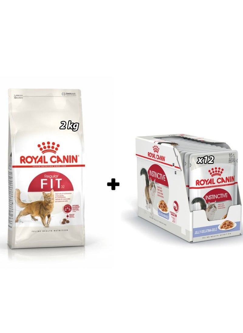 ROYAL CANIN Royal Canin - Feline Health Nutrition Fit 32 Cat Food 2kg & Instinctive Adult Cats Jelly (WET FOOD - Pouches) 12x85g Bundle Pack  - Image 1