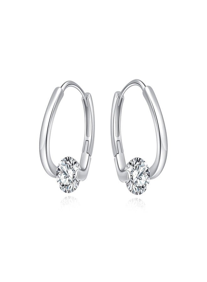 SLUYNZ Solid 925 Sterling Silver Shiny CZ Hoop Earrings for Women Teen Girls 1.6CM Hoop Earrings Unique Oval Earrings Huggie (A-Silver) - Image 1