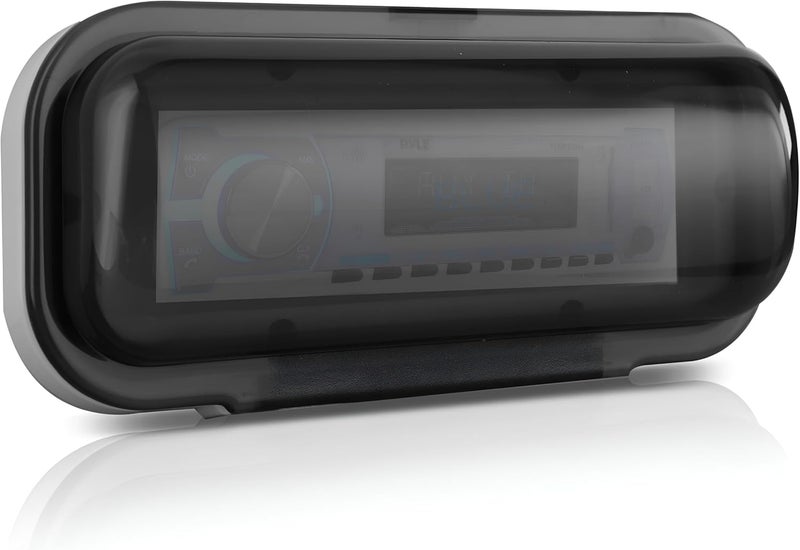 Pyle غطاء ستيريو بحري مقاوم للماء - واقي راديو قارب ثقيل اللون دخاني مع باب قابل للرفع وإطلاق نابض - يشمل حشوة التثبيت - PLMRCW1 - Image 1