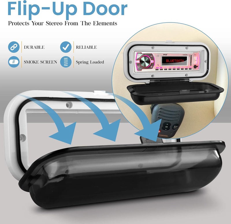 Pyle غطاء ستيريو بحري مقاوم للماء - واقي راديو قارب ثقيل اللون دخاني مع باب قابل للرفع وإطلاق نابض - يشمل حشوة التثبيت - PLMRCW1 - Image 4