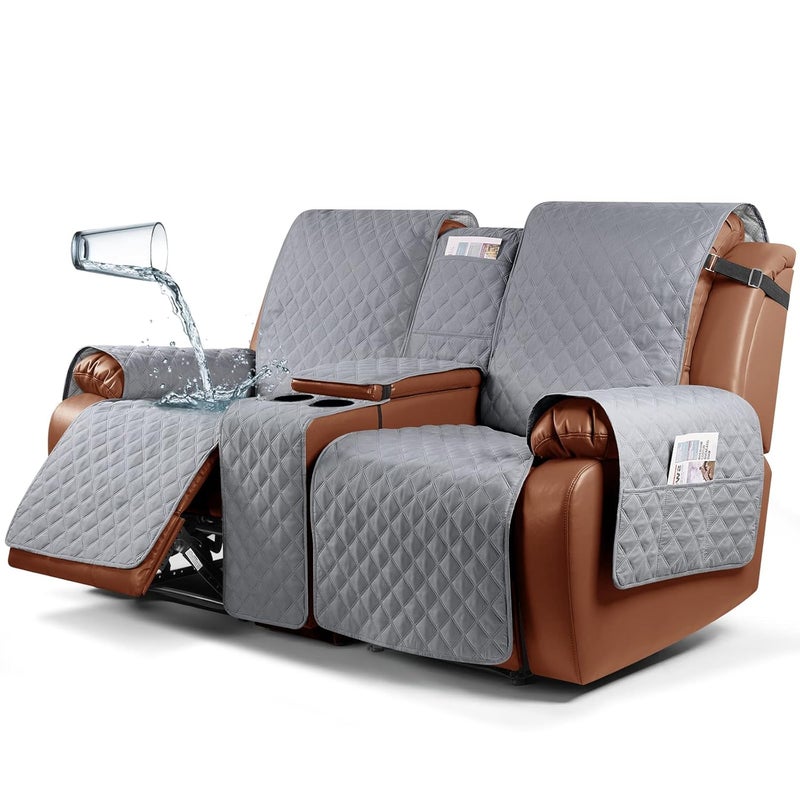 Ruaozz Waterproof Recliner Loveseat Cover with Console NonSlip Couch Cover Pet Cover for Double Recliner Split Sofa Cover with Elastic Straps for Kids Dogs Pets Light Grey 2 Seater