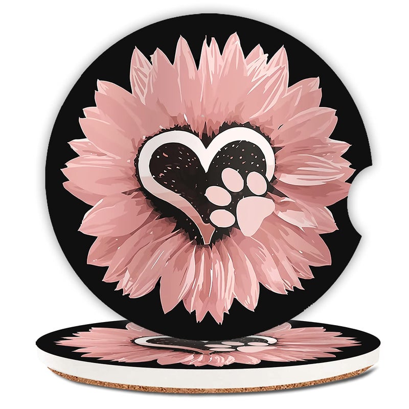 Sunflower Pink Flowers Dog paw Absorbent Cup Holders Car CoastersCeramic Stone Drinks Coaster Set for Women Man 2562 Pack
