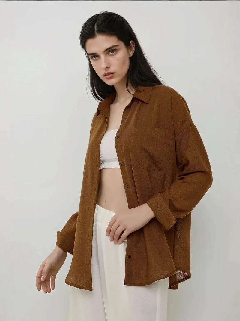 زوبعة قميص بياقة عادية وملمس كتان