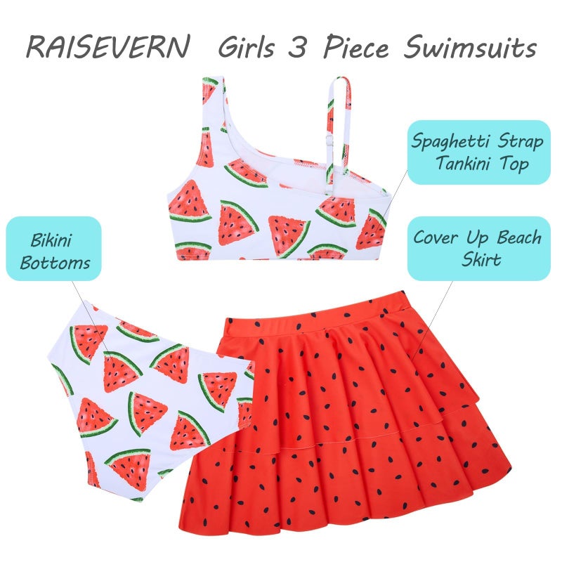 RAISEVERN Little Girls Bathing Suit Size 7-8 3 Piece Swimsuit Adjustable Spaghetti Strap Watermelon Bikini Sets with Ruffle Cover Ups Beach Skirt Size 8 Cute Quick Dry Tankini Summer Swimwear - Image 4