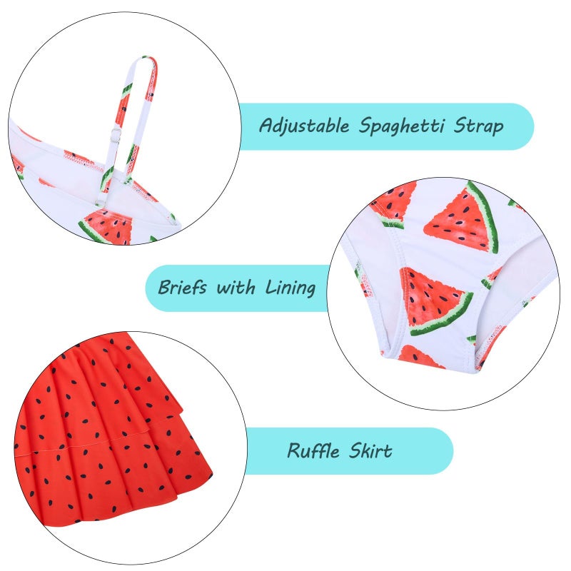 RAISEVERN Little Girls Bathing Suit Size 7-8 3 Piece Swimsuit Adjustable Spaghetti Strap Watermelon Bikini Sets with Ruffle Cover Ups Beach Skirt Size 8 Cute Quick Dry Tankini Summer Swimwear - Image 5
