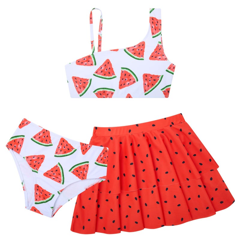 RAISEVERN Little Girls Bathing Suit Size 7-8 3 Piece Swimsuit Adjustable Spaghetti Strap Watermelon Bikini Sets with Ruffle Cover Ups Beach Skirt Size 8 Cute Quick Dry Tankini Summer Swimwear - Image 1