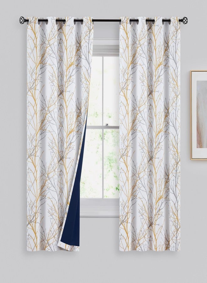 FMFUNCTEX 100% Blackout Curtains for Living Room, Yellow Grey Curtains 63 Inch Length Tree Branch Patterned Curtains for Bedroom, Thermal Insulated Farmhouse Window Treatment, Grommet Top 2 Panels - Image 1