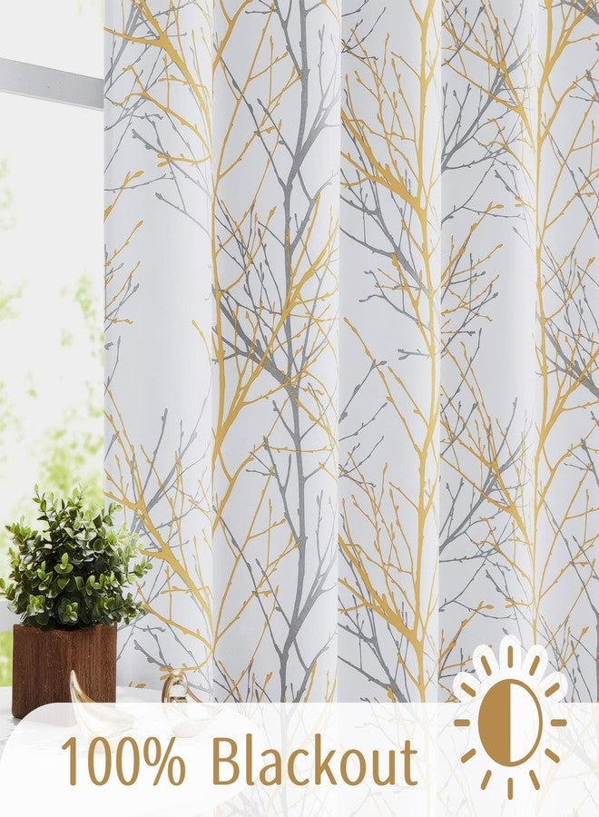 FMFUNCTEX 100% Blackout Curtains for Living Room, Yellow Grey Curtains 63 Inch Length Tree Branch Patterned Curtains for Bedroom, Thermal Insulated Farmhouse Window Treatment, Grommet Top 2 Panels - Image 5