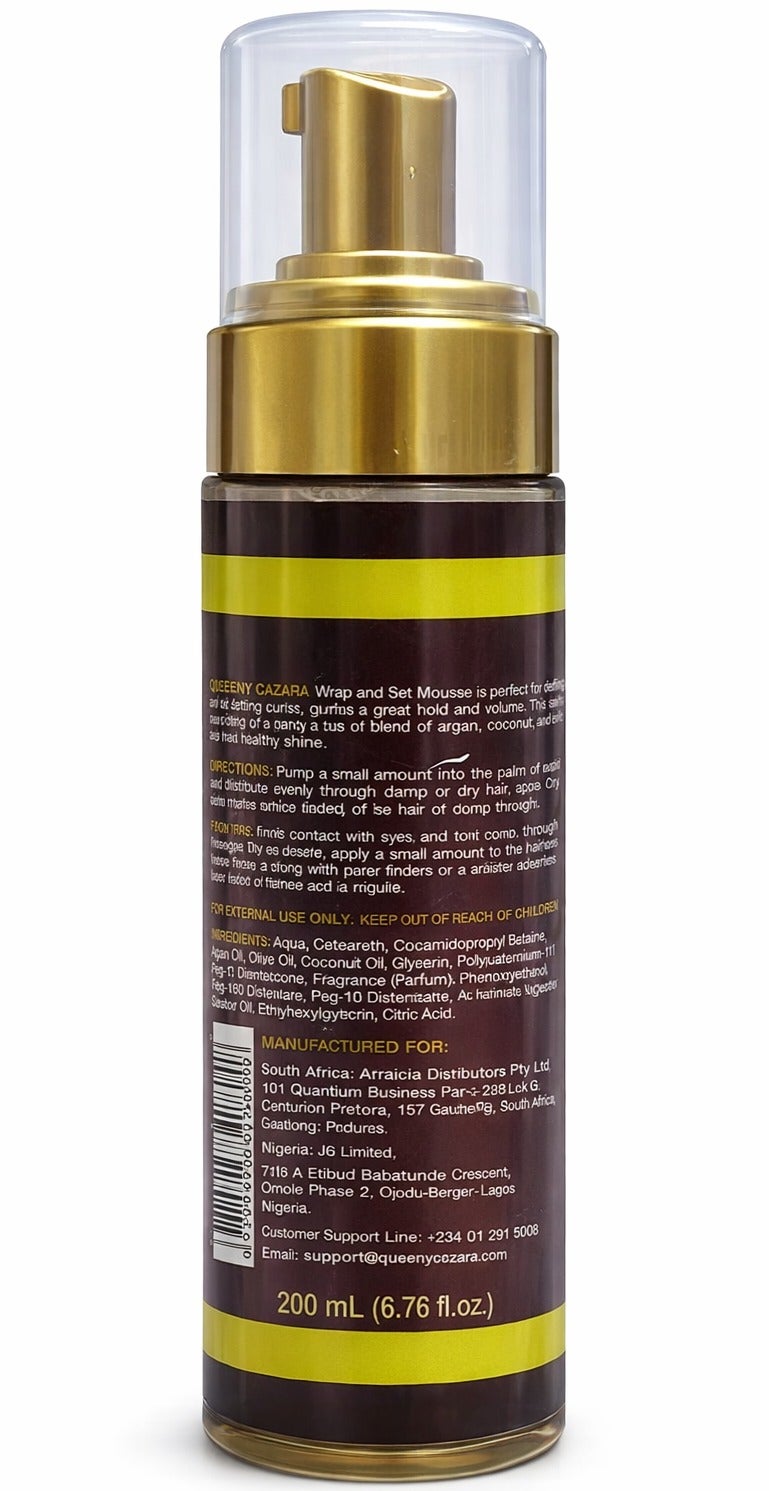 Queeny Cazara Wrap & Set Mousse 200ml Curl Defining Foam with Argan, Coconut & Olive Oils for Strong Hold, Shine & Frizz Control - Image 2
