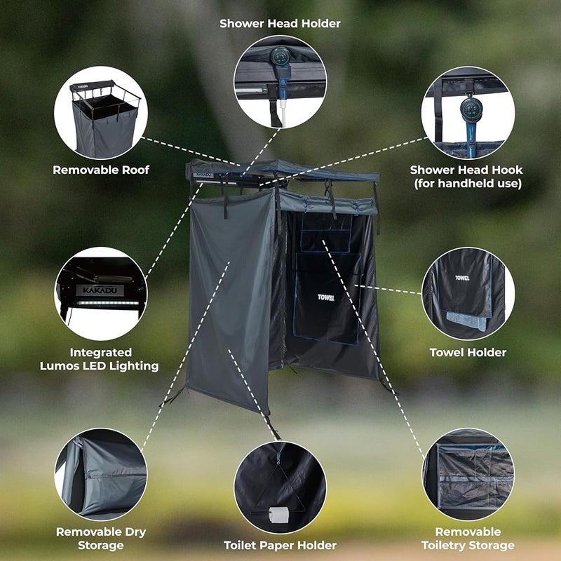 Kakadu Proudly Australian Kakadu Outback Shower Vehicle Tent, Camping Privacy Shelter, Bathroom Tent for Cars – with Roof, LED Light, BlockOut® Technology, Towel Rod, Storage System - Image 2