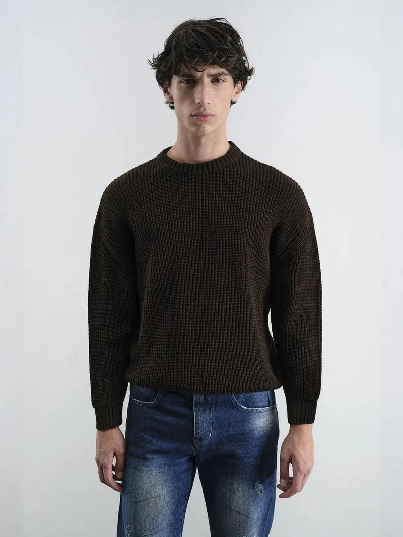 Giesto Beaver Brown GIESTO Comfort Fit Ribbed Crew Neck Sweater for Men | Best Price UAE