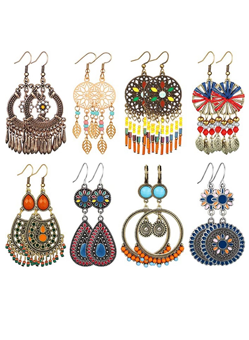 Excefore 8 Pairs Bohemian Earrings for Women, Dangle Earrings, Girls Retro Metal Hollow Earrings, Unique Handmade Hoop Spiral Earring, Vintage Colorful Round Circle Geometry Dangle Drop Earrings Jewelry Gifts - Image 1
