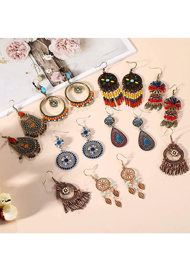 Excefore 8 Pairs Bohemian Earrings for Women, Dangle Earrings, Girls Retro Metal Hollow Earrings, Unique Handmade Hoop Spiral Earring, Vintage Colorful Round Circle Geometry Dangle Drop Earrings Jewelry Gifts - Image 3