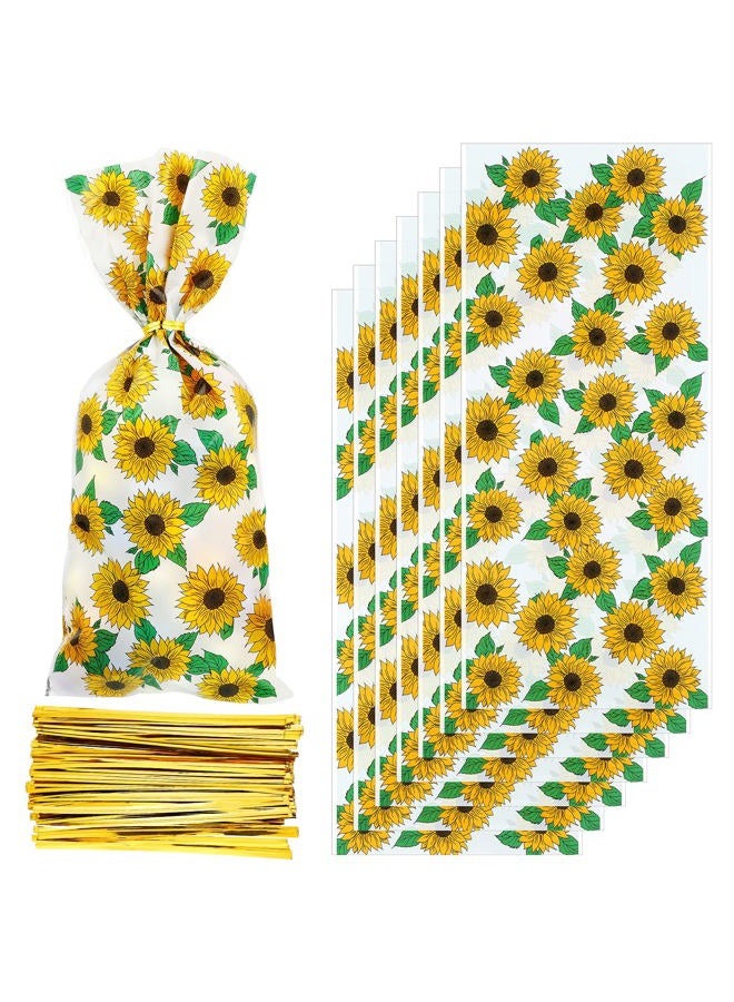 Tenare 100 Pieces Sunflower Cellophane Bags Sunflower Party Reception Bags Sunflower Party Treat Candy Bags Sunflower Plastic Goodie Storage Bags with 150 Pieces Gold Twist Ties for Party Favors - Image 1