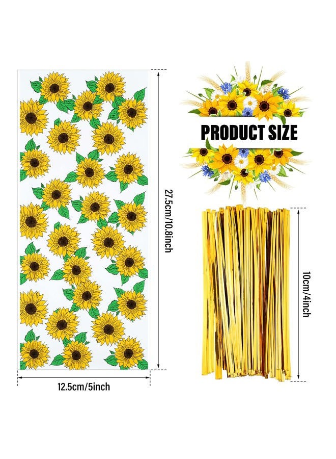 Tenare 100 Pieces Sunflower Cellophane Bags Sunflower Party Reception Bags Sunflower Party Treat Candy Bags Sunflower Plastic Goodie Storage Bags with 150 Pieces Gold Twist Ties for Party Favors - Image 2