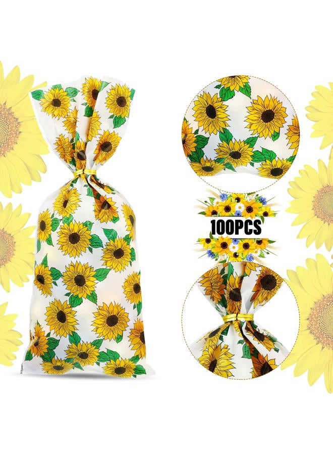 Tenare 100 Pieces Sunflower Cellophane Bags Sunflower Party Reception Bags Sunflower Party Treat Candy Bags Sunflower Plastic Goodie Storage Bags with 150 Pieces Gold Twist Ties for Party Favors - Image 3