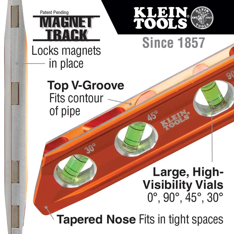 Klein Tools 935RB Torpedo Level, 8-Inch Billet Magnetic Level, 0/30/45/90 Degree Vials, V-Groove, Tapered Nose, High-Visibility Vial and Body - Image 2