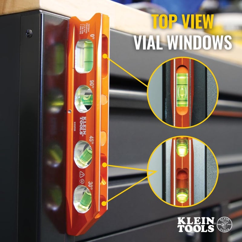 Klein Tools 935RB Torpedo Level, 8-Inch Billet Magnetic Level, 0/30/45/90 Degree Vials, V-Groove, Tapered Nose, High-Visibility Vial and Body - Image 4