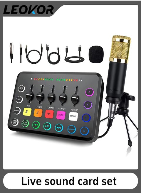 Sound Card Microphone Podcast Package,Streaming Audio Mixer with Microphone Stand/Suitable for Live Broadcast/Podcast/Youtube/PC/Smartphone