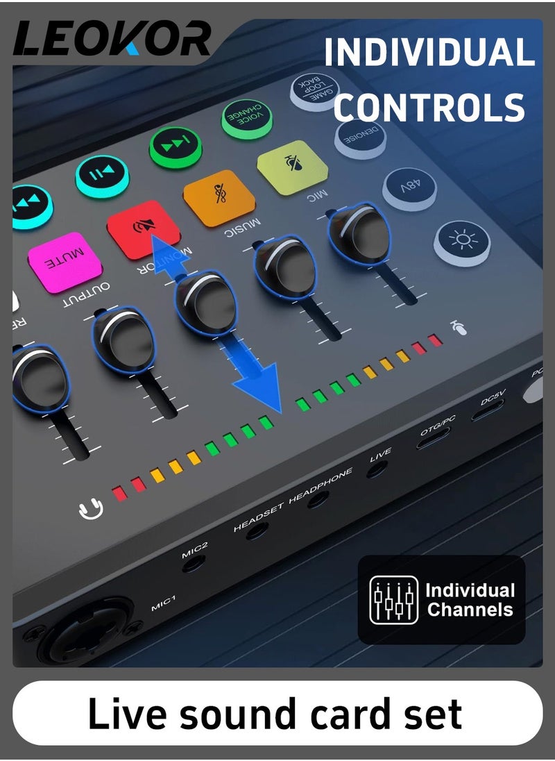 LEOKOR - Sound Card Microphone Podcast Package,Streaming Audio Mixer with Microphone Stand/Suitable for Live Broadcast/Podcast/Youtube/PC/Smartphone - Image 1