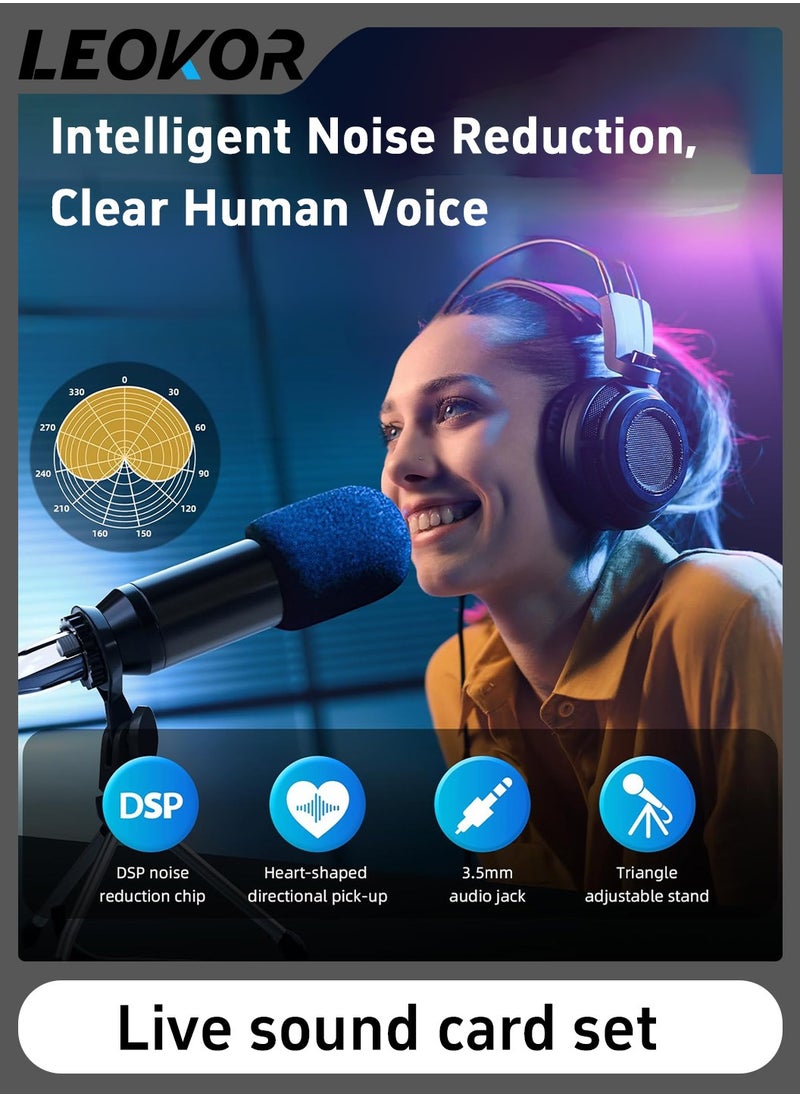 LEOKOR - Sound Card Microphone Podcast Package,Streaming Audio Mixer with Microphone Stand/Suitable for Live Broadcast/Podcast/Youtube/PC/Smartphone - Image 1