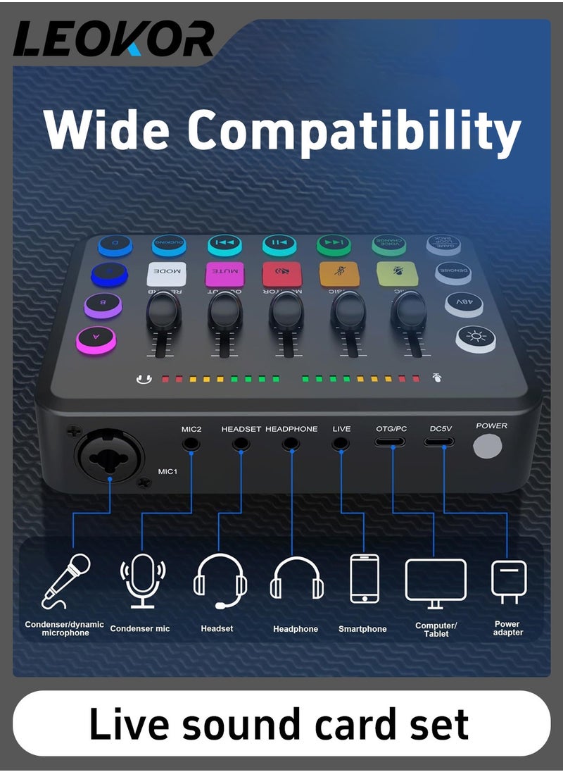 LEOKOR - Sound Card Microphone Podcast Package,Streaming Audio Mixer with Microphone Stand/Suitable for Live Broadcast/Podcast/Youtube/PC/Smartphone - Image 1