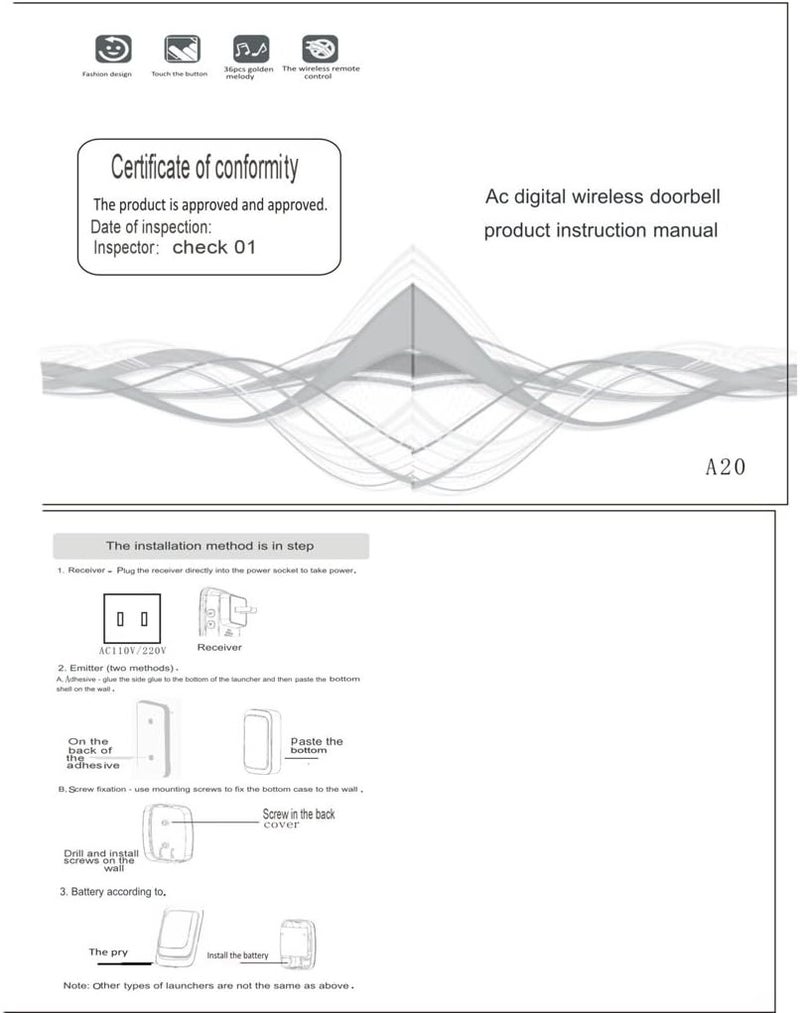 klarako LED Adjustable 4 Volume 1000FT Wireless Doorbell Chime [1 Plugin Receiver+1 Transmitter] UK Plug  Gold, as described - Image 4
