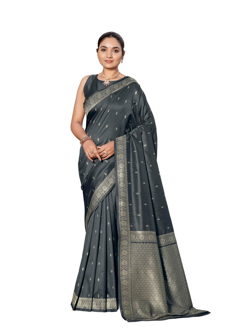 MANOHARI Women's Most Trendy Banarasi Woven Grey Saree With Heavy Jacquard Work Saree With Blouse Piece - Image 1